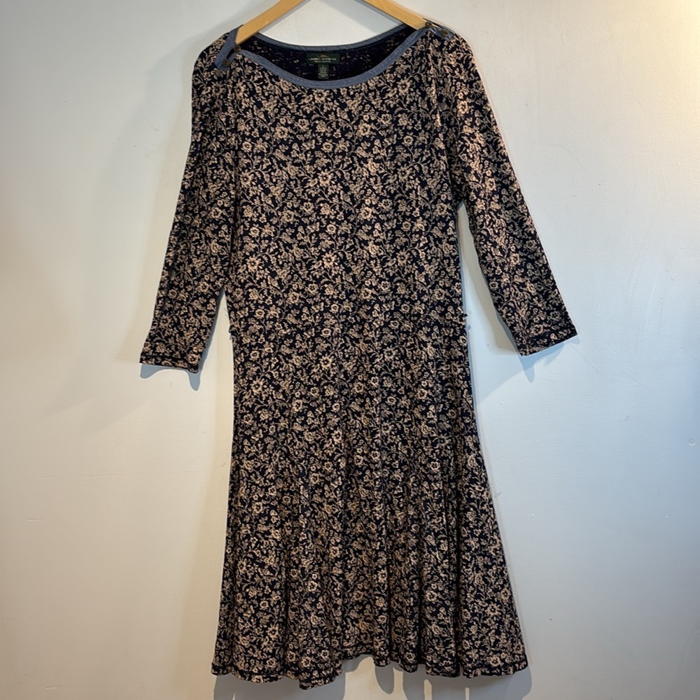 Vintage Ralph Lauren navy/tan floral fit & flare midi dress size large - Picture 10 of 13